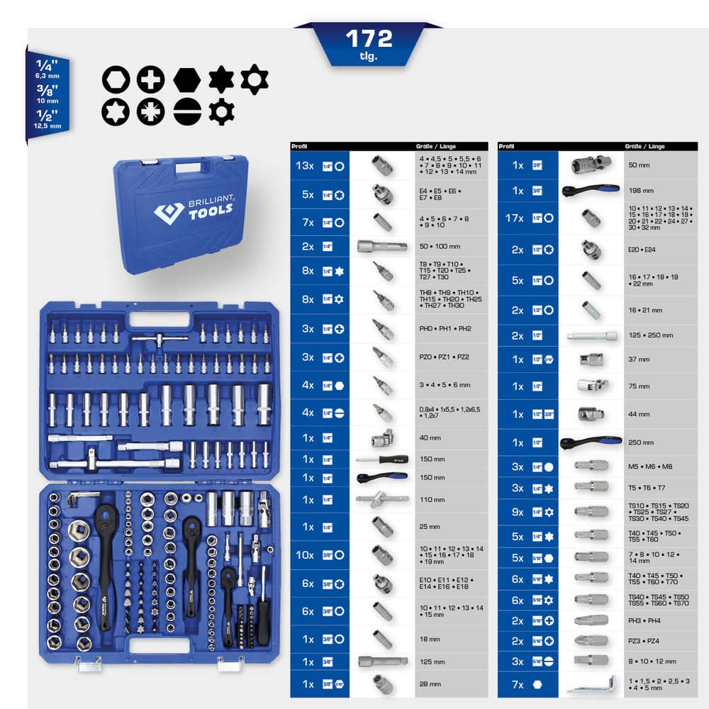 Produktabbildung Nr. 21: BRILLIANT TOOLS Steckschlüssel-Satz, 172-tlg, 1/4", 3/8", 1/2"