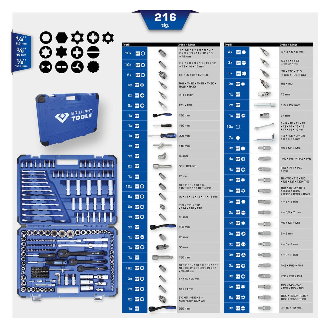 Produktabbildung Nr. 10: BRILLIANT TOOLS Steckschlüssel-Satz, 216-tlg, 1/4", 3/8", 1/2"