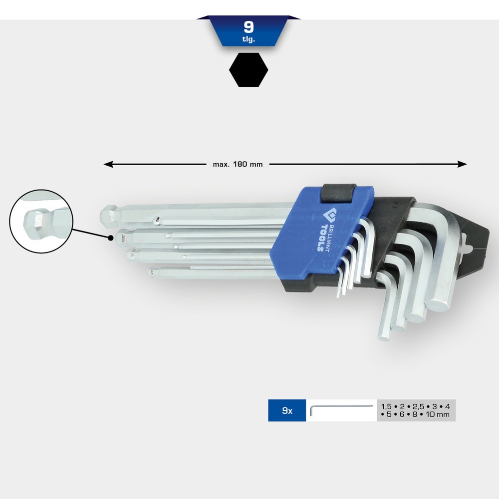 Produktabbildung Nr. 12: BRILLIANT TOOLS Winkelstiftschlüssel-Satz, 9-tlg, Innensechskant-Profil, kurz