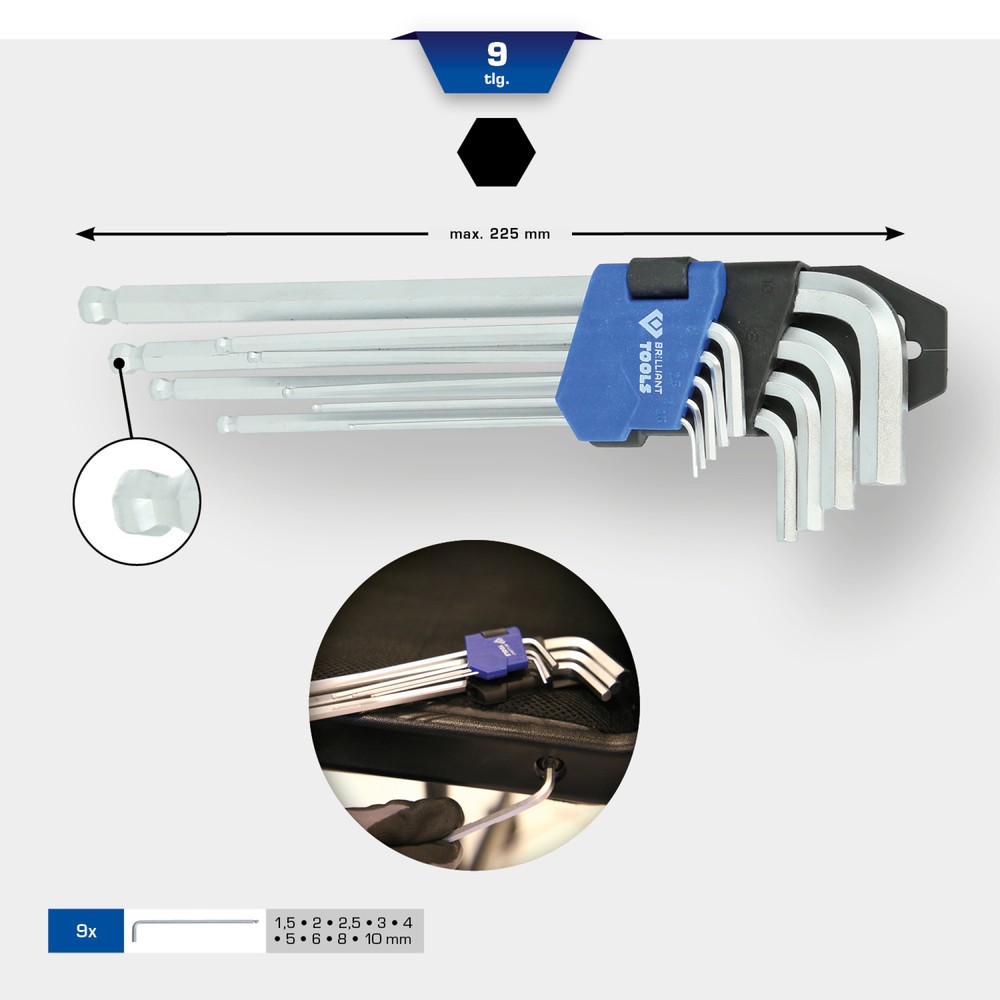 Produktabbildung Nr. 12: BRILLIANT TOOLS Winkelstiftschlüssel-Satz, 9-tlg, Innensechskant-Profil, lang