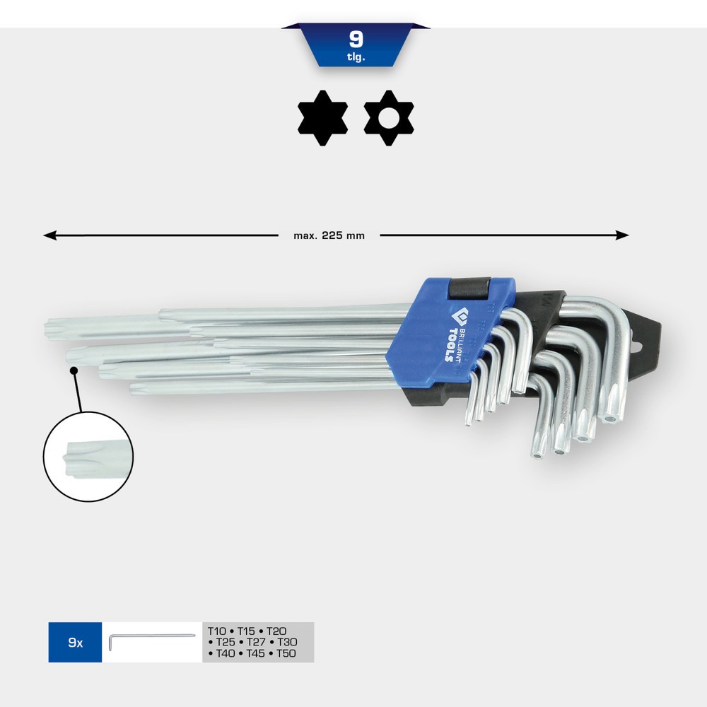 Produktabbildung Nr. 8: BRILLIANT TOOLS Winkelstiftschlüssel-Satz, 9-tlg, Torx-Profil, lang
