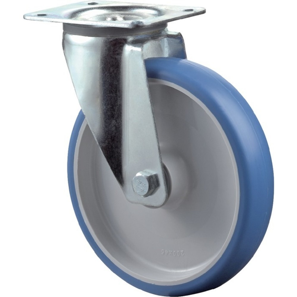 Produktabbildung: BS ROLLEN Lenkrolle, Polyurethan, Rad-Ø 80 mm Tragfähigkeit 125 kg, Platte L104xB80 mm Farbe Rolle blau