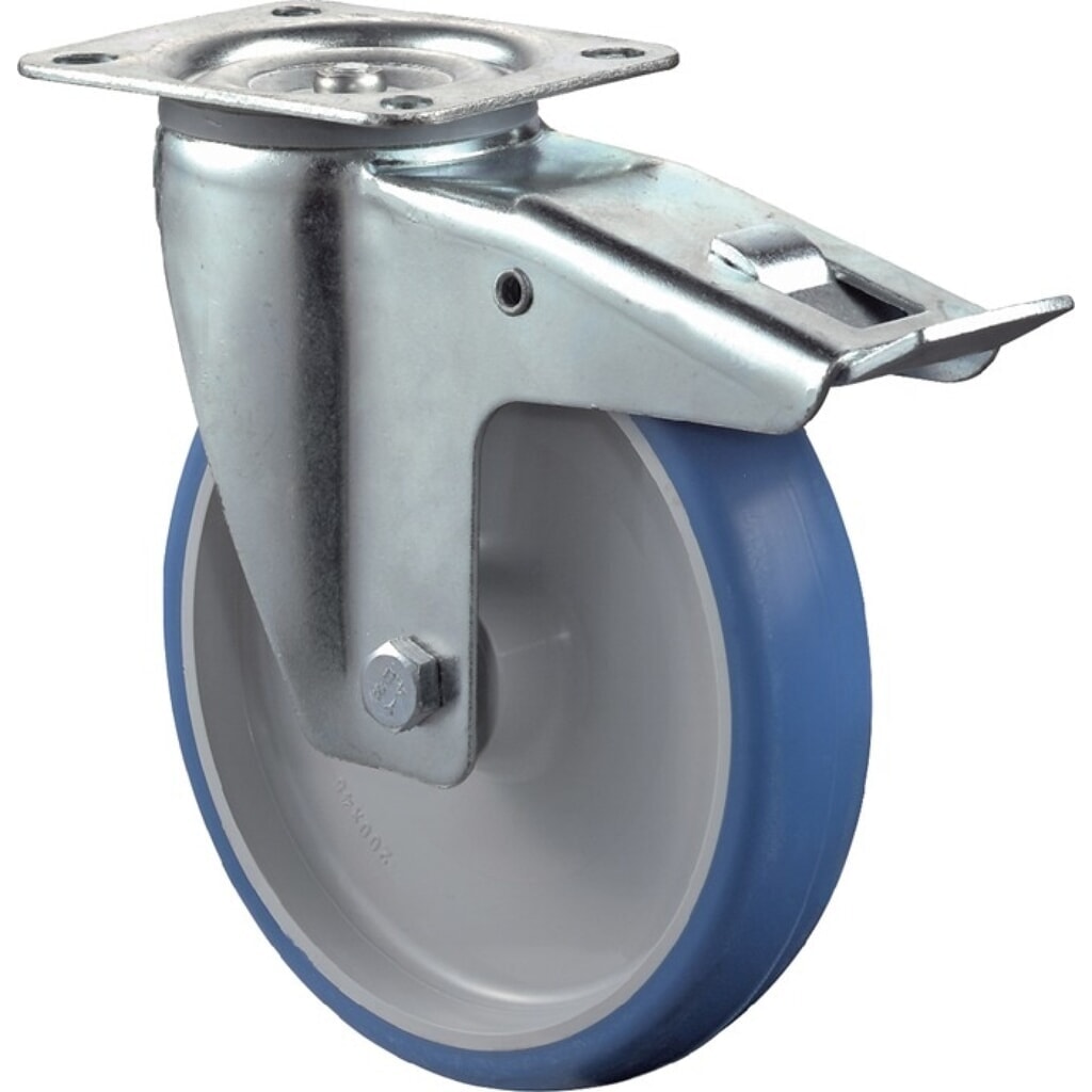 BS ROLLEN Lenkrolle, mit Totalfeststeller Polyurethan, Rad-Ø 80 mm Tragfähigkeit 125 kg, 104x80mm blau Produktabbildung: BS ROLLEN Lenkrolle, mit Totalfeststeller Polyurethan, Rad-Ø 80 mm Tragfähigkeit 125 kg, 104x80mm blau