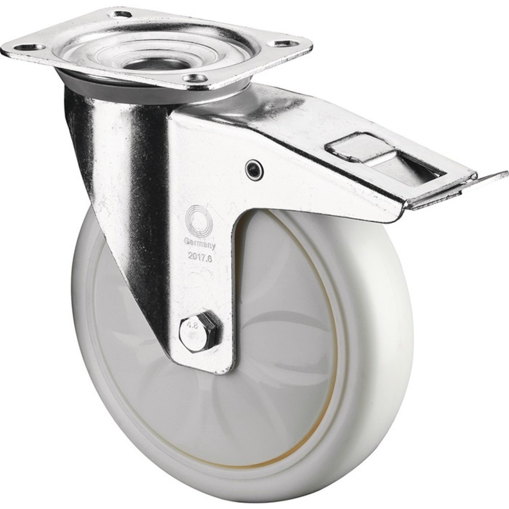 Produktabbildung: BS ROLLEN Lenkrolle, mit Feststeller Kunststoff, Rad-Ø 200 mm Tragfähigkeit 300 kg, 135x110mm weiß
