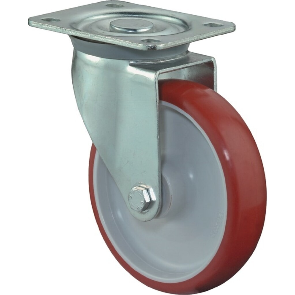 BS ROLLEN Lenkrolle, Polyurethan, Rad-Ø 80 mm Tragfähigkeit 125 kg, Platte L104xB80 mm Farbe Rolle rot Produktabbildung: BS ROLLEN Lenkrolle, Polyurethan, Rad-Ø 80 mm Tragfähigkeit 125 kg, Platte L104xB80 mm Farbe Rolle rot