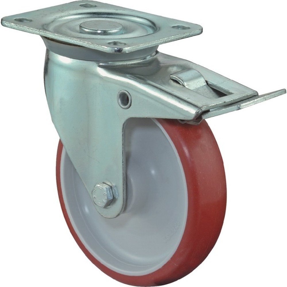 Produktabbildung: BS ROLLEN Lenkrolle, mit Totalfeststeller Polyurethan, Rad-Ø 150 mm Tragfähigkeit 240 kg, 135x110mm rot