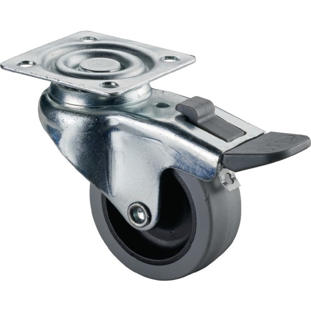 Produktabbildung: BS ROLLEN Lenkrolle mit Totalfeststeller, mit Anschraubplatte Gleitlager, Rad-Ø 50 mm Tragfähigkeit 35 kg, Gummi grau