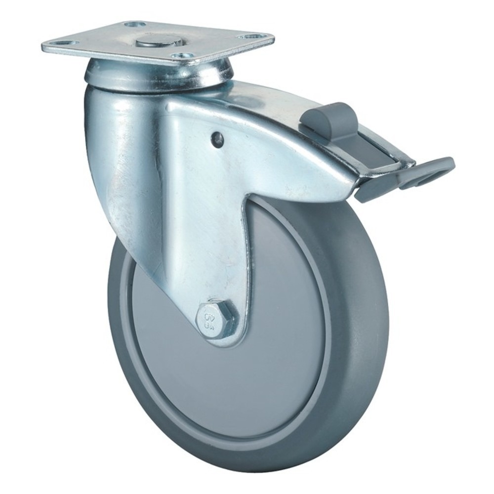 Produktabbildung: BS ROLLEN Lenkrolle mit Totalfeststeller, mit Anschraubplatte Kugellager, Rad-Ø 125 mm Tragfähigkeit 100 kg, Gummi grau