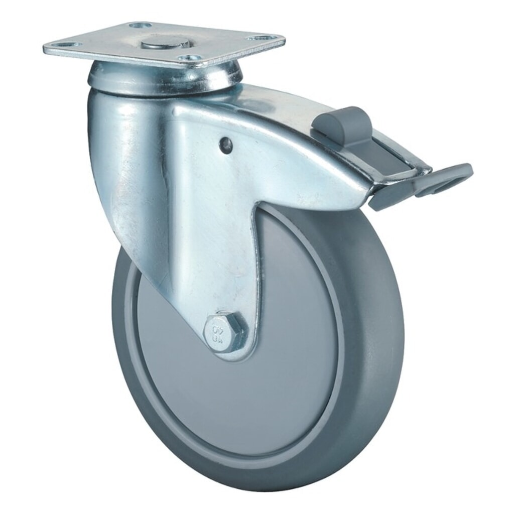 BS ROLLEN Lenkrolle mit Totalfeststeller, mit Anschraubplatte Kugellager, Rad-Ø 125 mm Tragfähigkeit 100 kg, Gummi grau Produktabbildung: BS ROLLEN Lenkrolle mit Totalfeststeller, mit Anschraubplatte Kugellager, Rad-Ø 125 mm Tragfähigkeit 100 kg, Gummi grau