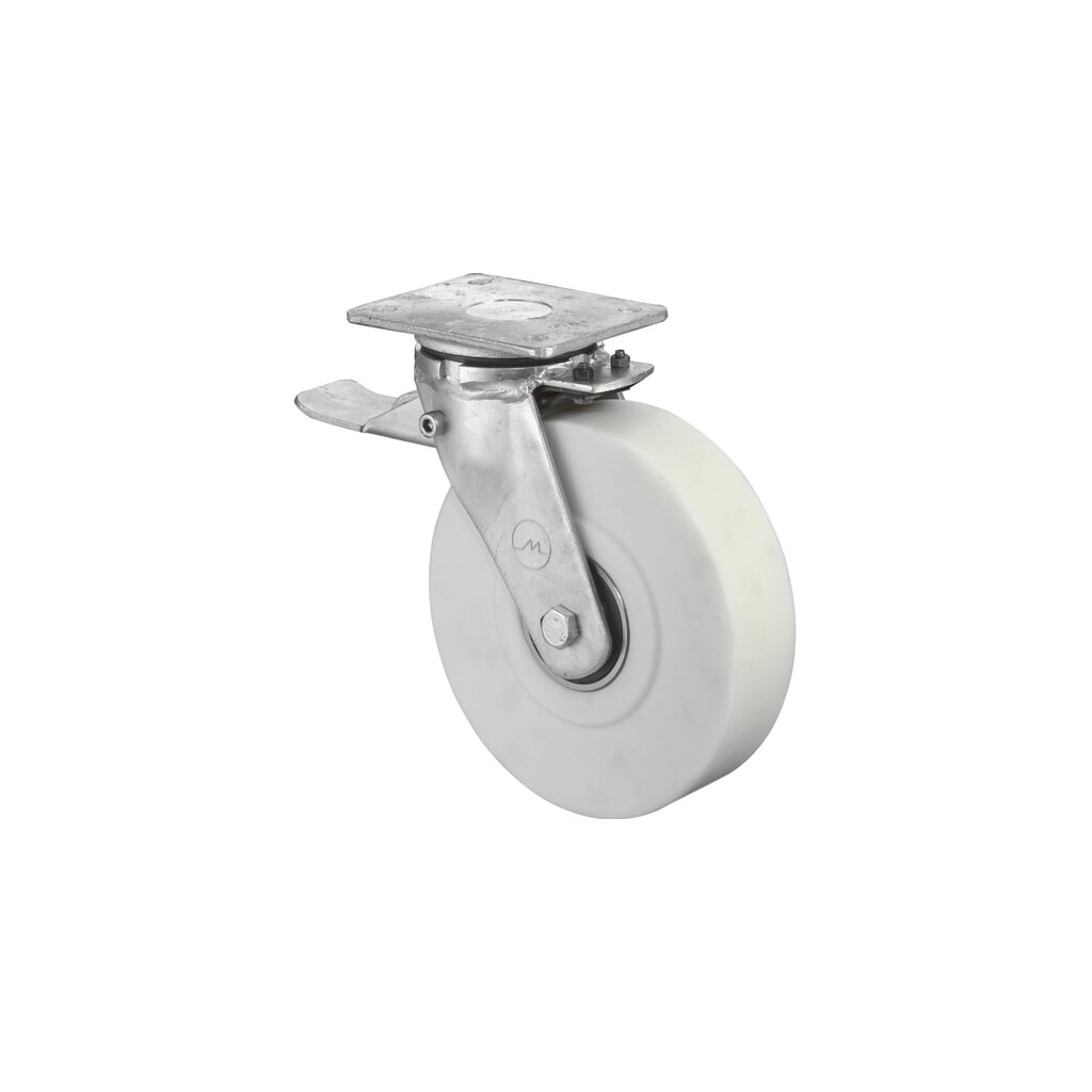 BS ROLLEN Schwerlastrolle Polyamid, Lenkrolle mit Feststeller, Kugellager, Platte, Ø x Breite 100 x 55 mm, TK 900 kg Produktabbildung: BS ROLLEN Schwerlastrolle Polyamid, Lenkrolle mit Feststeller, Kugellager, Platte, Ø x Breite 100 x 55 mm, TK 900 kg