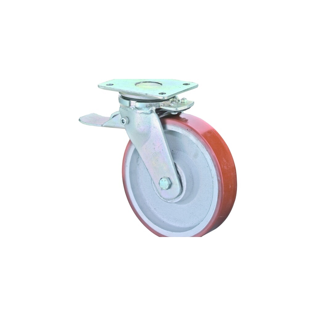 BS ROLLEN Schwerlastrolle Prothane® Guss-Polyurethan, Lenkrolle mit Feststeller, Kugellager, Platte, Ø x Breite 100 x 50 mm, TK 400 kg Produktabbildung: BS ROLLEN Schwerlastrolle Prothane® Guss-Polyurethan, Lenkrolle mit Feststeller, Kugellager, Platte, Ø x Breite 100 x 50 mm, TK 400 kg