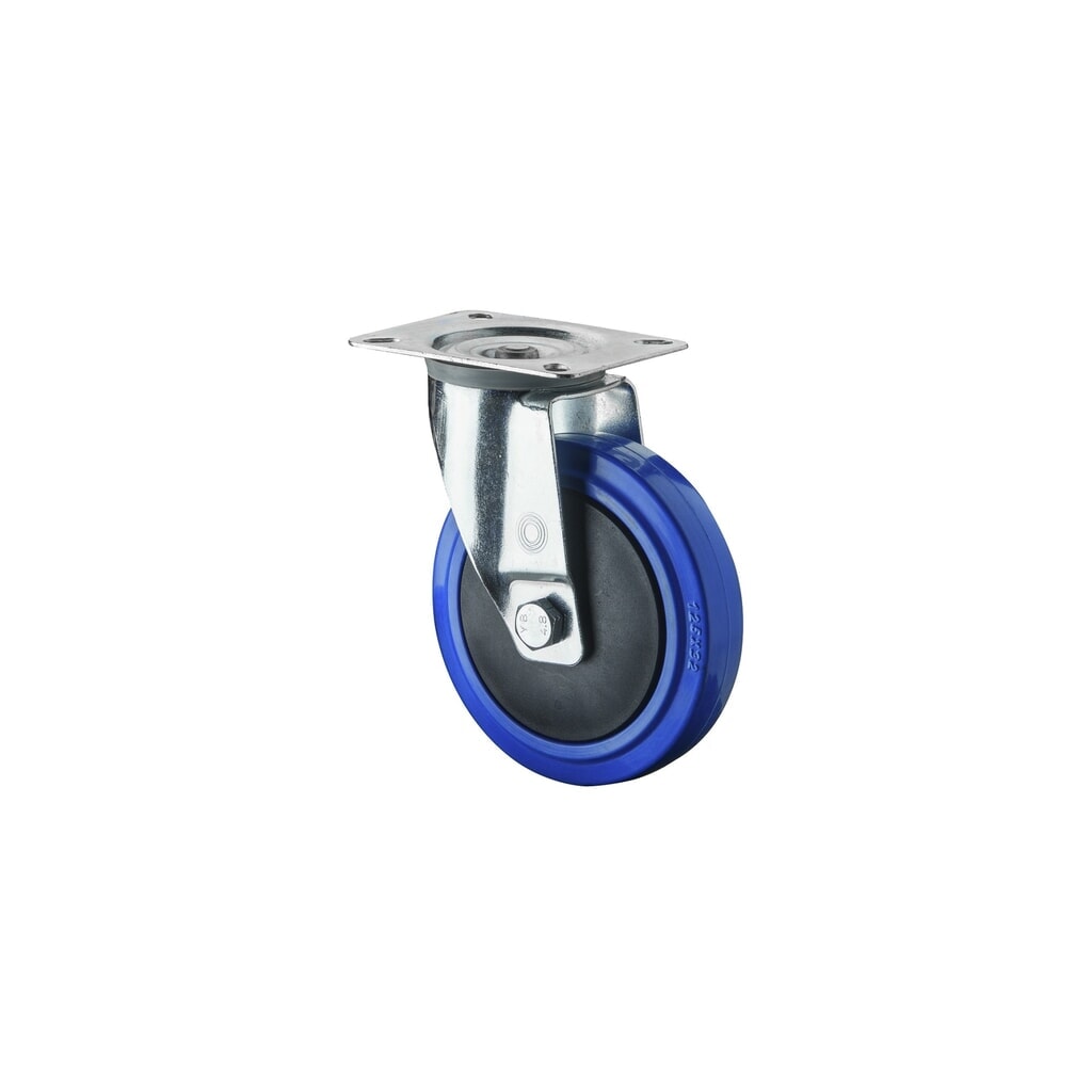 BS ROLLEN Transportrolle Elastikgummi, blau, Lenkrolle, Kugellager, Platte, Ø x Breite 80 x 32 mm, TK 120 kg Produktabbildung: BS ROLLEN Transportrolle Elastikgummi, blau, Lenkrolle, Kugellager, Platte, Ø x Breite 80 x 32 mm, TK 120 kg