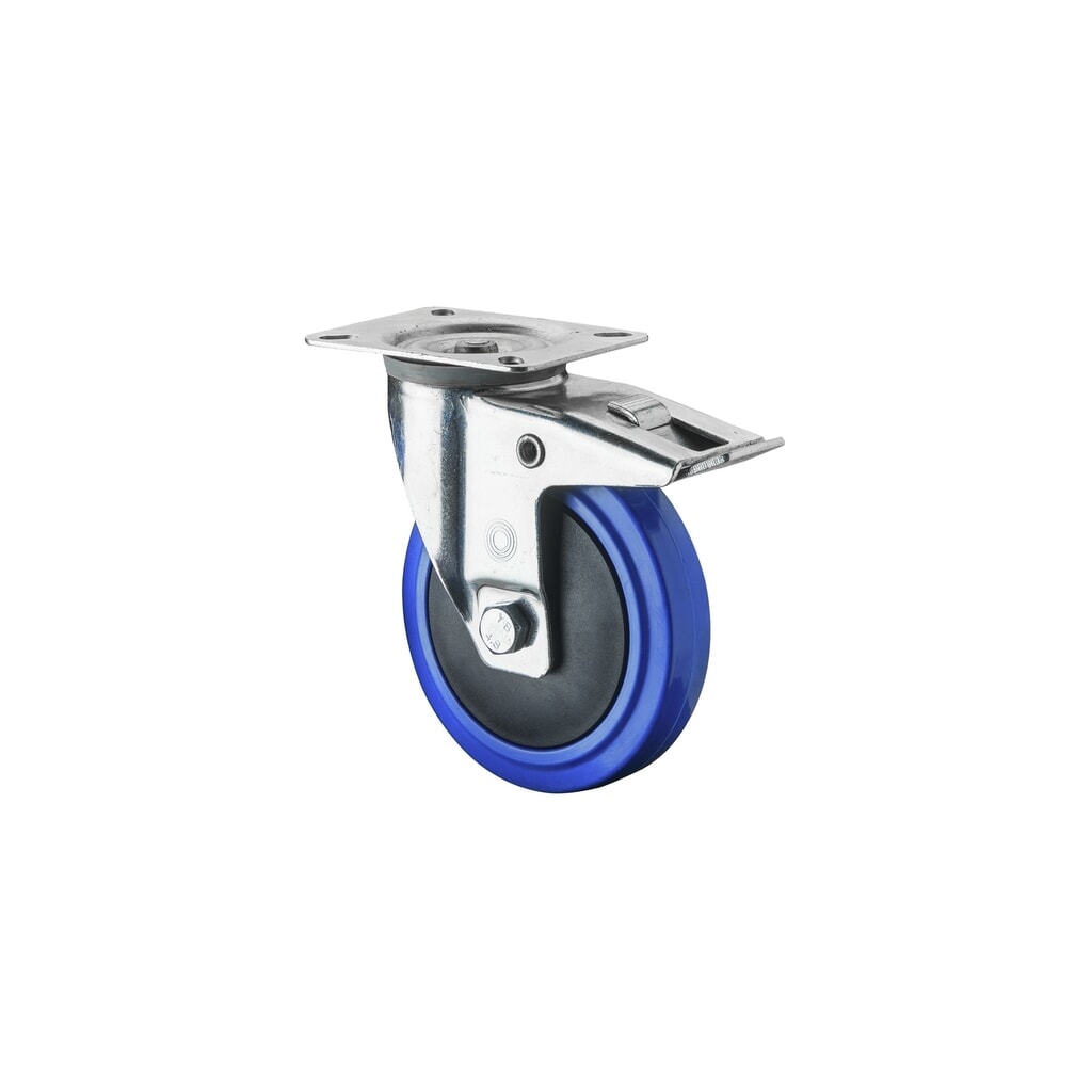 Produktabbildung: BS ROLLEN Transportrolle Elastikgummi, blau, Lenkrolle mit Feststeller, Kugellager, Platte, Ø x Breite 80 x 32 mm, TK 120 kg