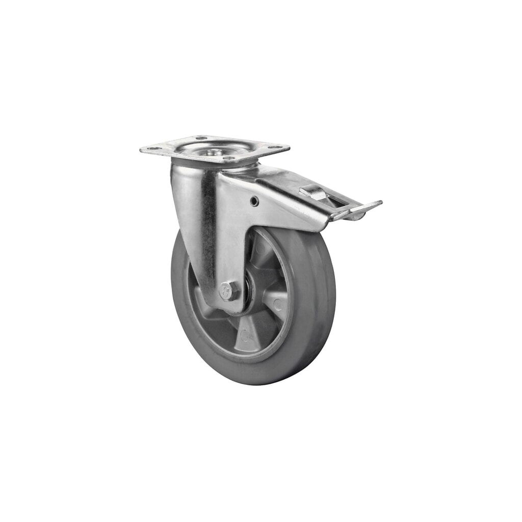 BS ROLLEN Transportrolle Elastikgummi, grau, Lenkrolle mit Feststeller, Kugellager, Platte, Ø x Breite 100 x 40 mm, TK 150 kg Produktabbildung: BS ROLLEN Transportrolle Elastikgummi, grau, Lenkrolle mit Feststeller, Kugellager, Platte, Ø x Breite 100 x 40 mm, TK 150 kg