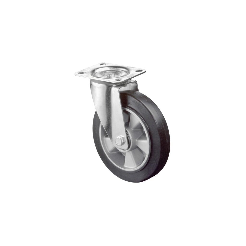 BS ROLLEN Transportrolle Elastikgummi, schwarz, Lenkrolle, Kugellager, Platte, Ø x Breite 100 x 40 mm, TK 150 kg Produktabbildung: BS ROLLEN Transportrolle Elastikgummi, schwarz, Lenkrolle, Kugellager, Platte, Ø x Breite 100 x 40 mm, TK 150 kg