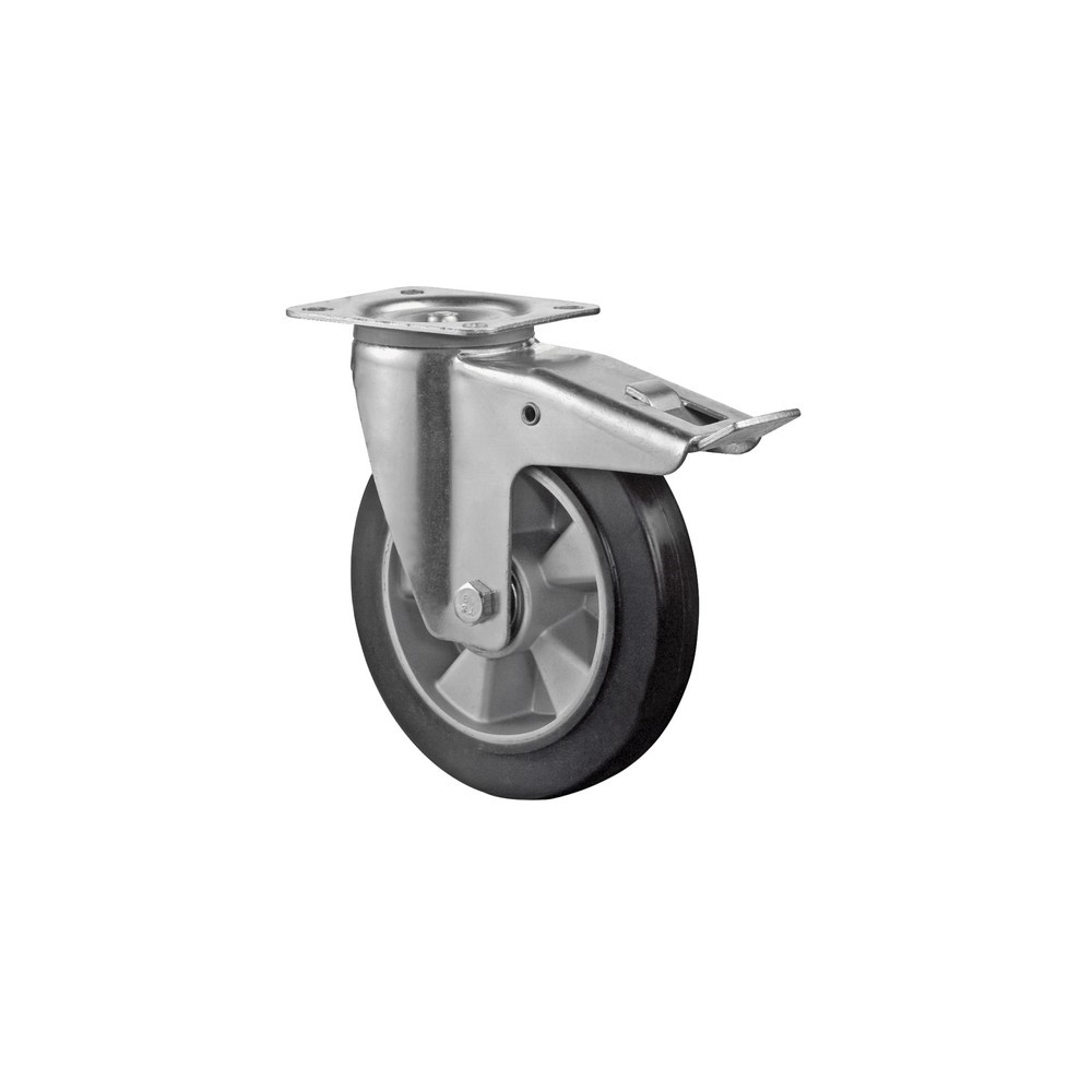 Produktabbildung: BS ROLLEN Transportrolle Elastikgummi, schwarz, Lenkrolle mit Feststeller, Kugellager, Platte, Ø x Breite 100 x 40 mm, TK 150 kg