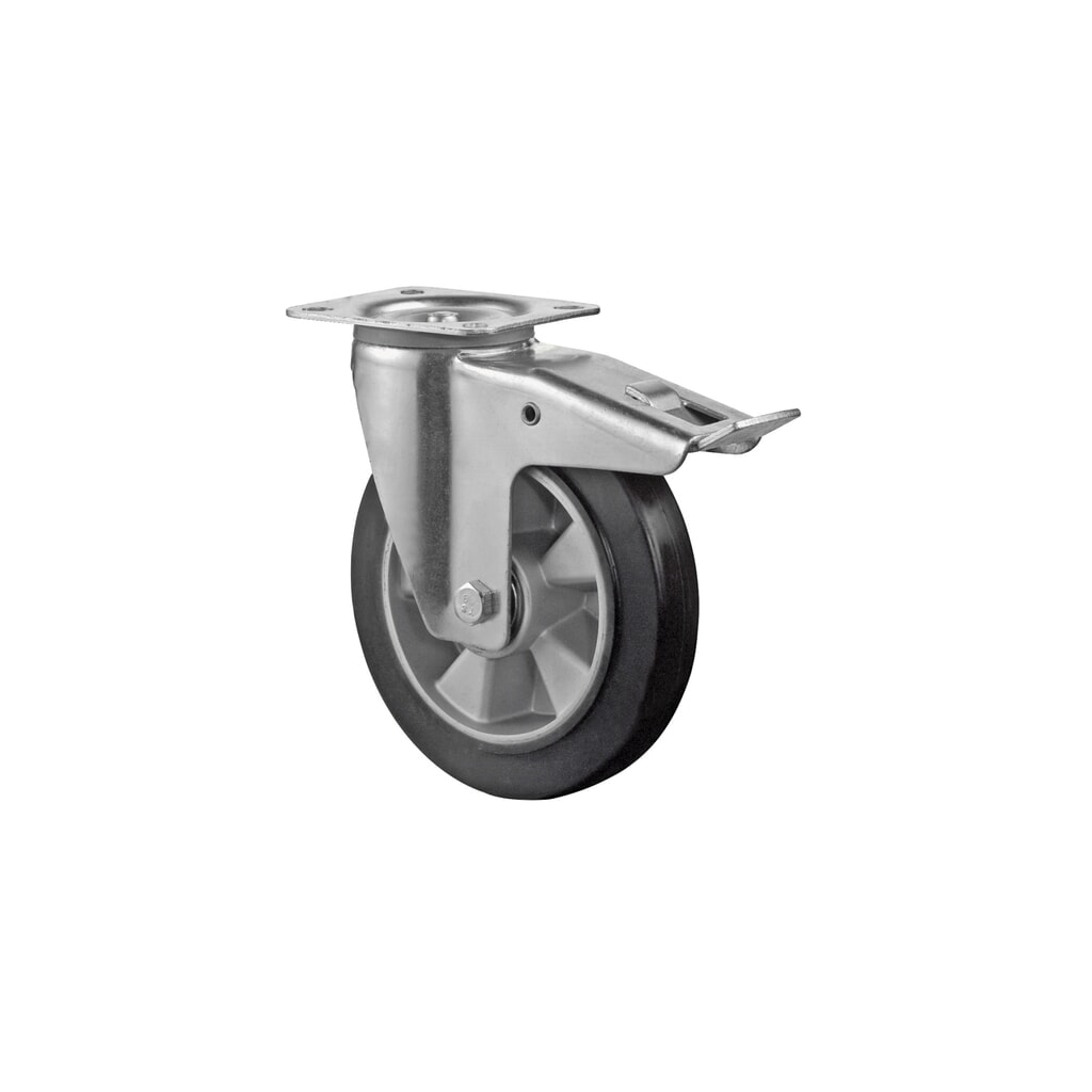 Produktabbildung: BS ROLLEN Transportrolle Elastikgummi, schwarz, Lenkrolle mit Feststeller, Kugellager, Platte, Ø x Breite 100 x 40 mm, TK 150 kg