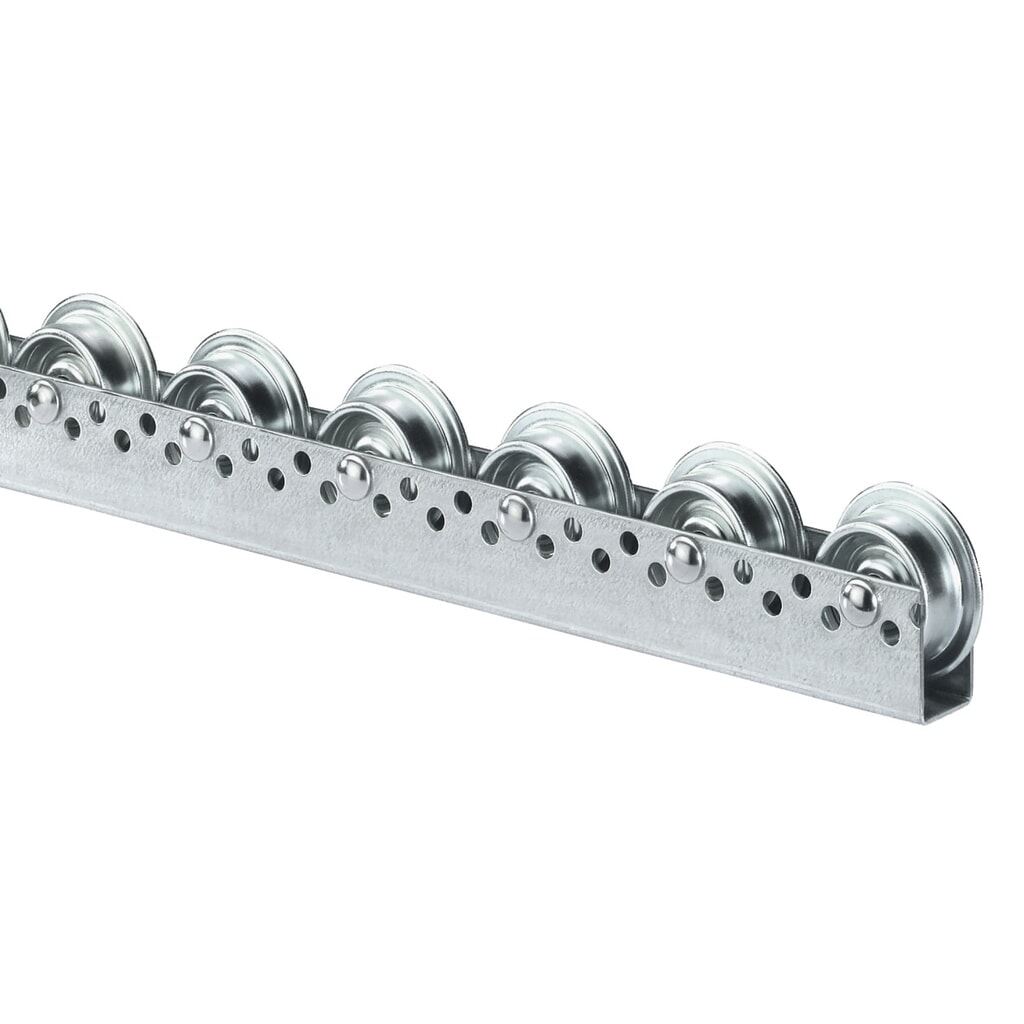 Produktabbildung Nr. 1: BS ROLLEN Universal-Rollenschiene, Stahlrollen mit Spurkranz für schwereres Ladegut, TK pro Rolle 20 kg, Teilung 100 mm