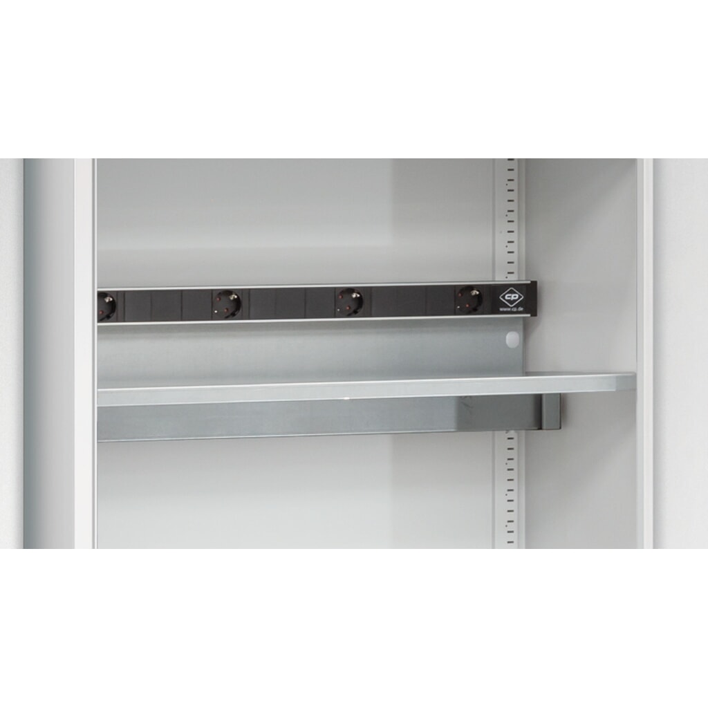 Elektro-Einlegeboden für C+P Akku-Ladeschrank Serie 89, TK 70 kg, 5-fach-Steckdosenleiste, 3 m Zuleitung, integrierte Wanne mit Belüftungsöffungen Produktabbildung: Elektro-Einlegeboden für C+P Akku-Ladeschrank Serie 89, TK 70 kg, 5-fach-Steckdosenleiste, 3 m Zuleitung, integrierte Wanne mit Belüftungsöffungen