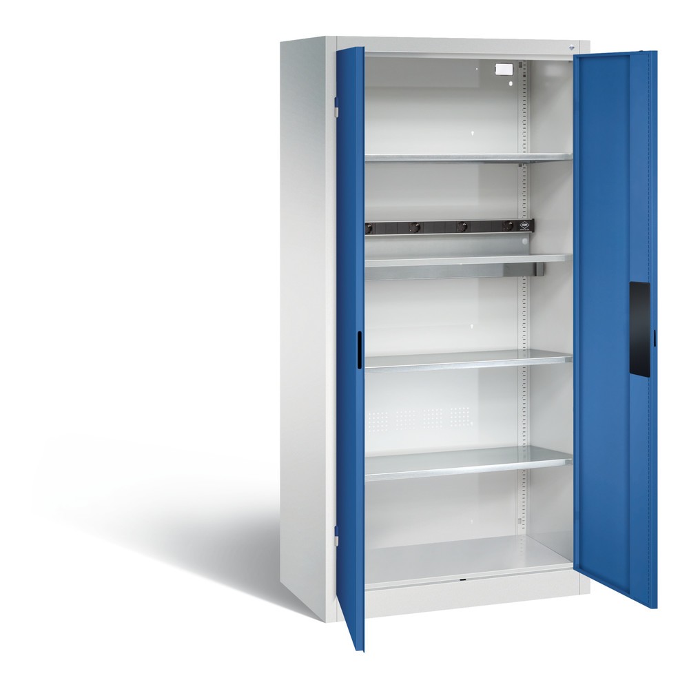 Produktabbildung: C+P Akku-Ladeschrank Serie 89, 1 Elektro-Einlegeboden, 5-fach-Steckdosenleiste, 3 m Zuleitung, lichtgrau/enzianblau