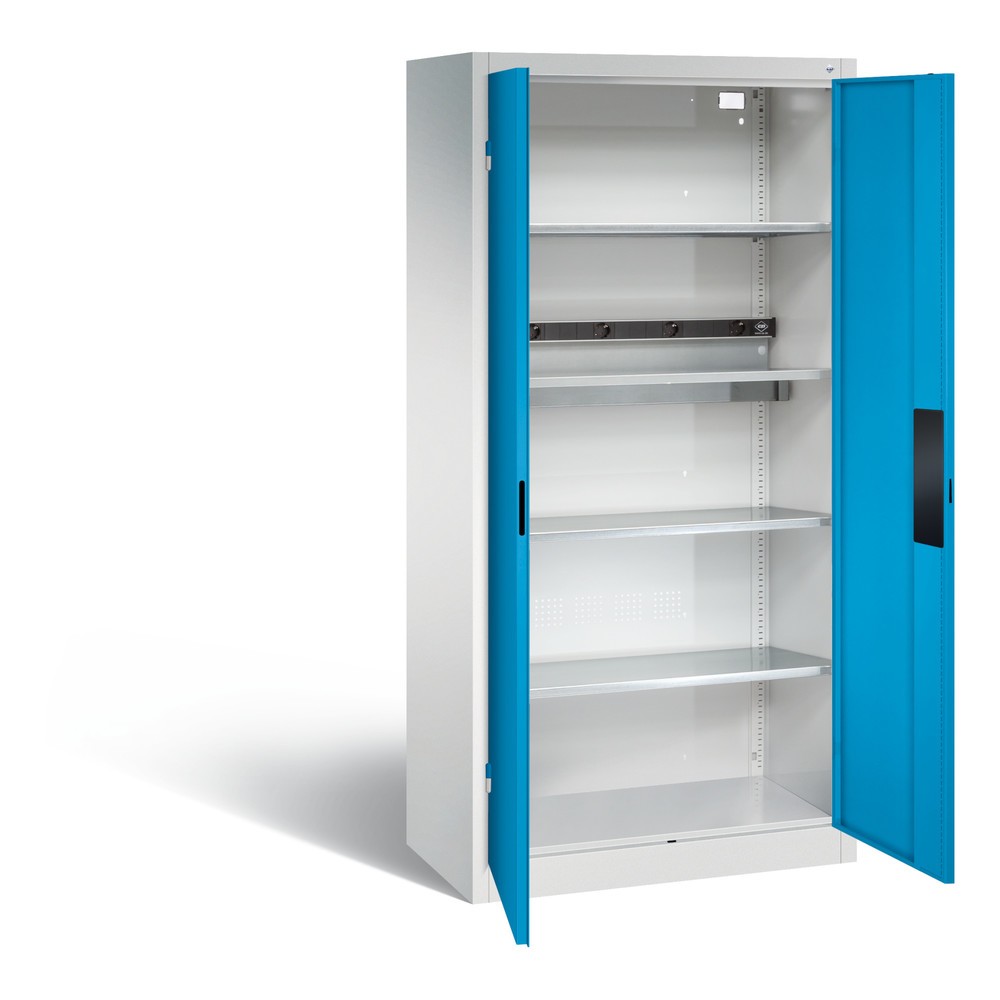 Produktabbildung: C+P Akku-Ladeschrank Serie 89, 1 Elektro-Einlegeboden, 5-fach-Steckdosenleiste, 3 m Zuleitung, lichtgrau/lichtblau