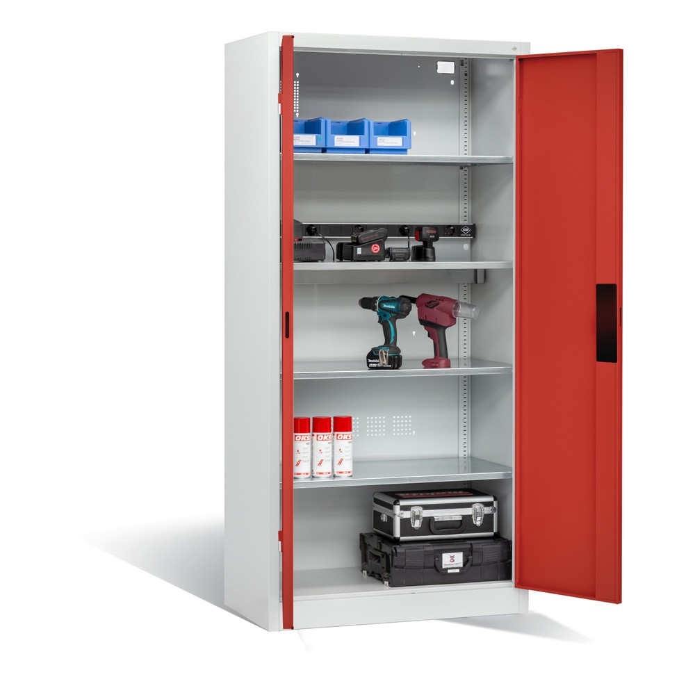 Produktabbildung Nr. 5: C+P Akku-Ladeschrank Serie 89, 1 Elektro-Einlegeboden, 5-fach-Steckdosenleiste, 3 m Zuleitung, lichtgrau/feuerrot