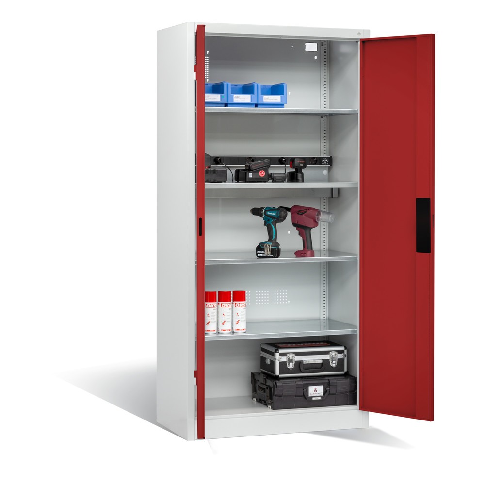 Produktabbildung Nr. 5: C+P Akku-Ladeschrank Serie 89, 1 Elektro-Einlegeboden, 5-fach-Steckdosenleiste, 3 m Zuleitung, lichtgrau/rubinrot