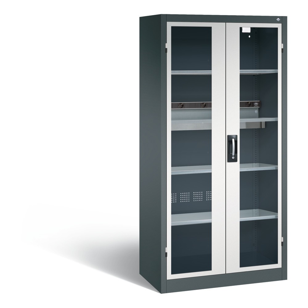 Produktabbildung: C+P Akku-Ladeschrank Serie 89, 1 Elektro-Einlegeboden, 5-fach-Steckdosenleiste, 3 m Zuleitung, Sichtfenster, anthrazitgrau/lichtgrau