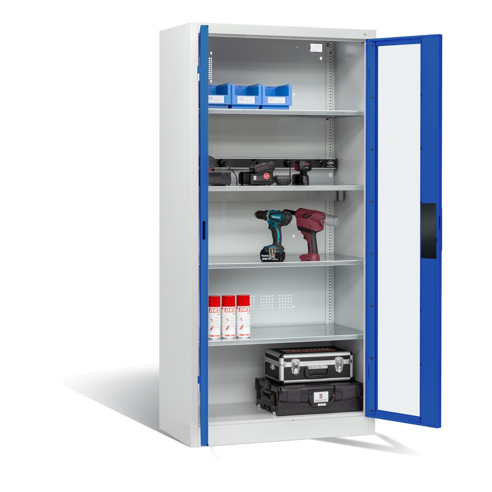 Produktabbildung Nr. 5: C+P Akku-Ladeschrank Serie 89, 1 Elektro-Einlegeboden, 5-fach-Steckdosenleiste, 3 m Zuleitung, Sichtfenster, lichtgrau/enzianblau