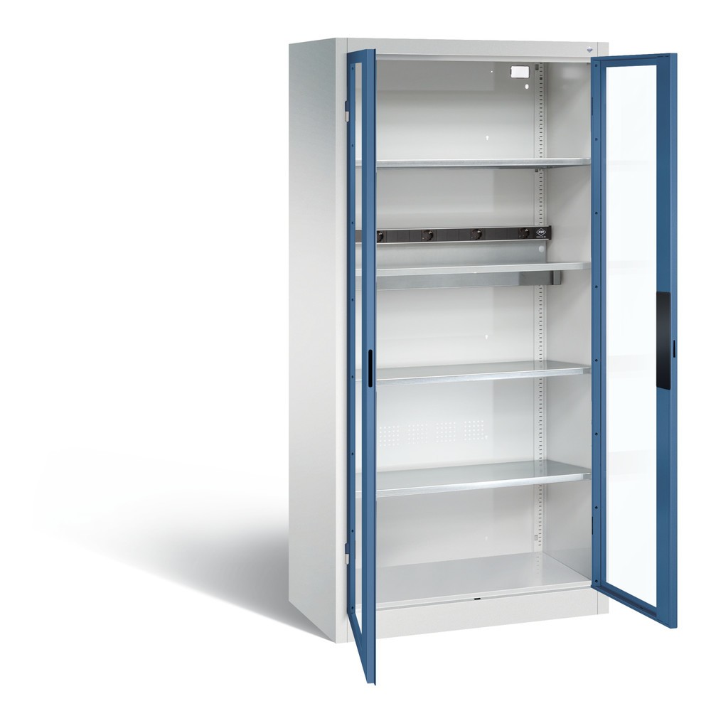 Produktabbildung: C+P Akku-Ladeschrank Serie 89, 1 Elektro-Einlegeboden, 5-fach-Steckdosenleiste, 3 m Zuleitung, Sichtfenster, lichtgrau/fernblau