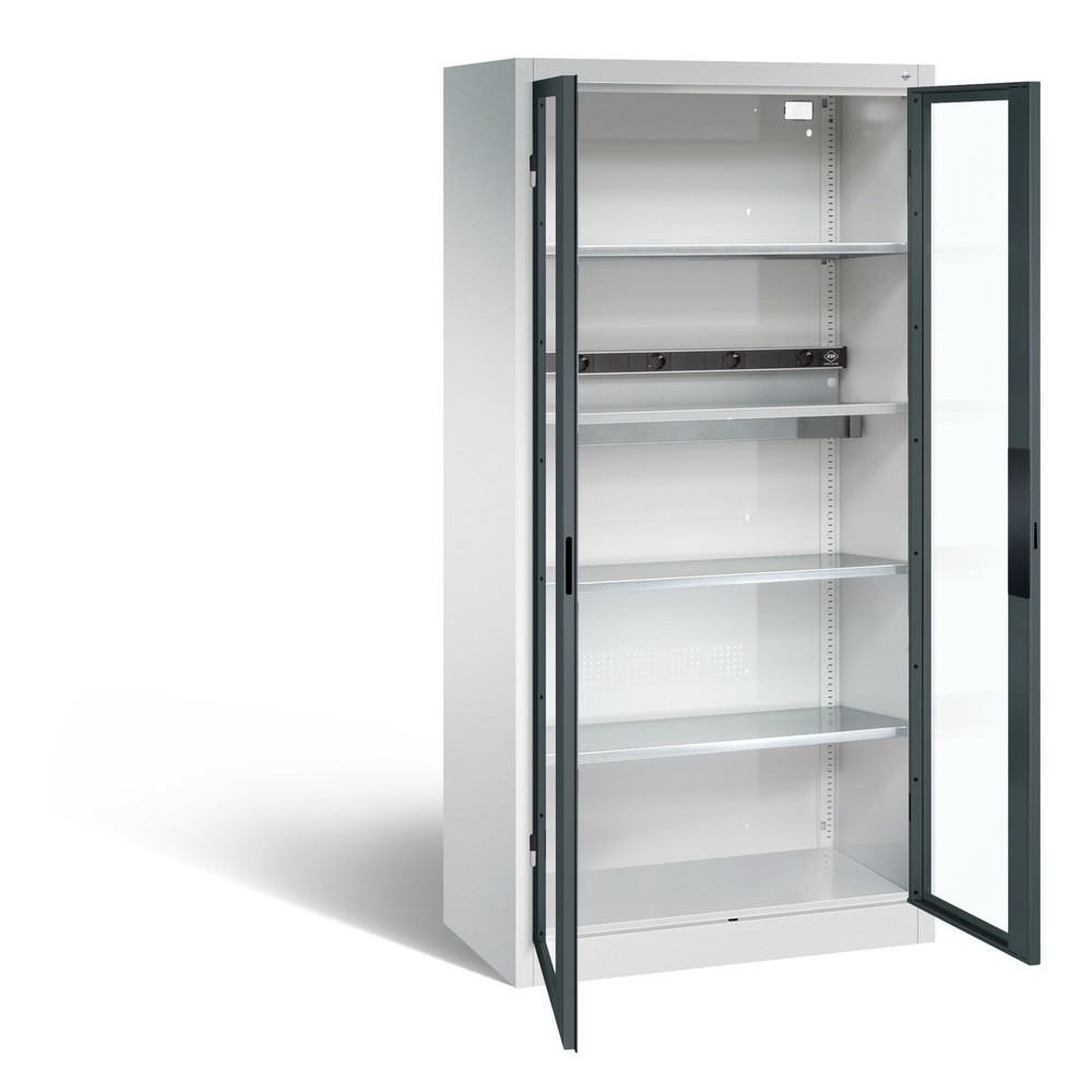 Produktabbildung: C+P Akku-Ladeschrank Serie 89, 1 Elektro-Einlegeboden, 5-fach-Steckdosenleiste, 3 m Zuleitung, Sichtfenster, lichtgrau/anthrazitgrau