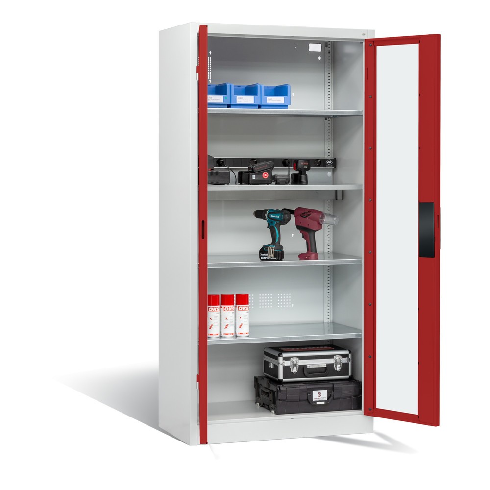 Produktabbildung Nr. 5: C+P Akku-Ladeschrank Serie 89, 1 Elektro-Einlegeboden, 5-fach-Steckdosenleiste, 3 m Zuleitung, Sichtfenster, lichtgrau/rubinrot