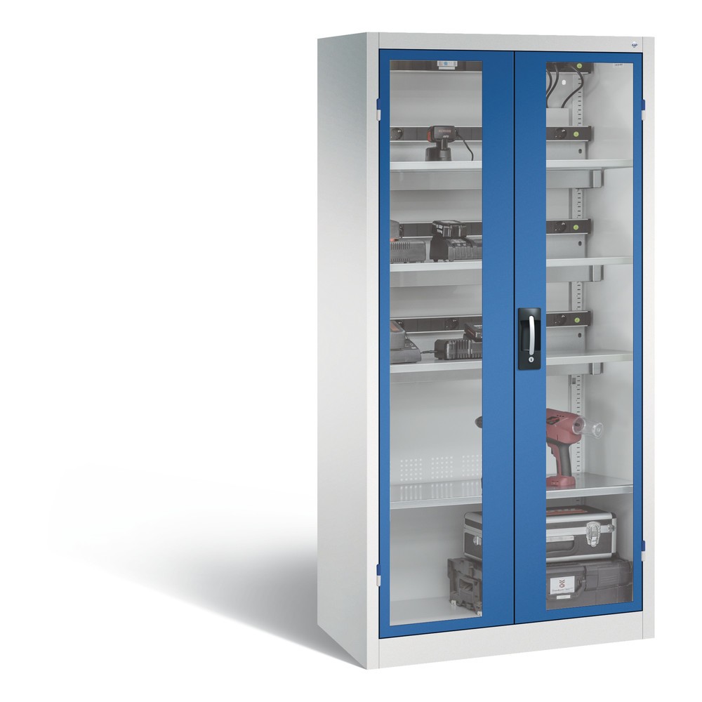 Produktabbildung: C+P Akku-Ladeschrank Serie 89, 3 Elektro-Einlegeböden, 5-fach-Steckdosenleiste, 3 m Zuleitung, Sichtfenster, FI-Schutzschalter, temperaturgesteuerter Lüfter, lichtgrau/enzianblau