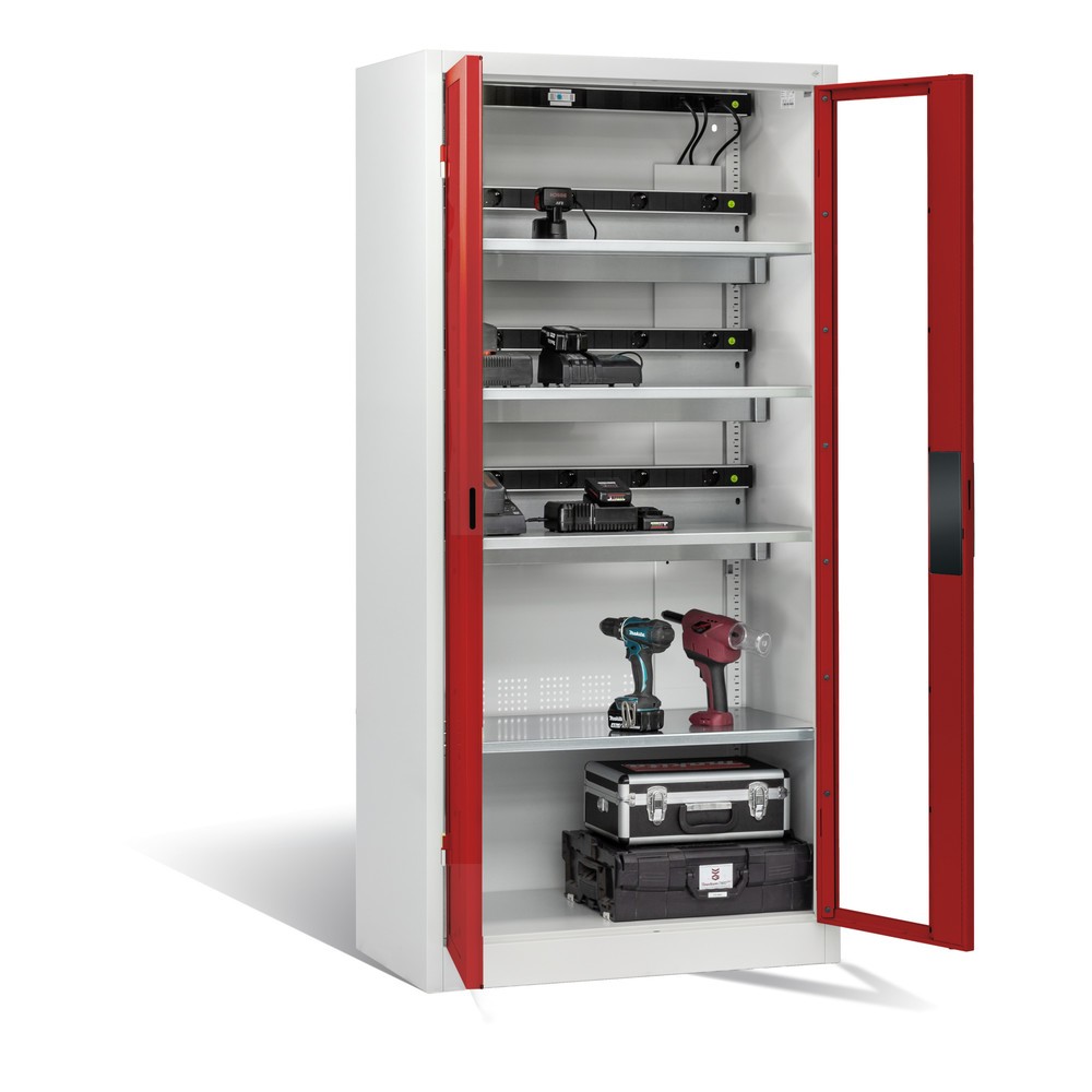 Produktabbildung Nr. 5: C+P Akku-Ladeschrank Serie 89, 3 Elektro-Einlegeböden, 5-fach-Steckdosenleiste, 3 m Zuleitung, Sichtfenster, FI-Schutzschalter, temperaturgesteuerter Lüfter, lichtgrau/rubinrot