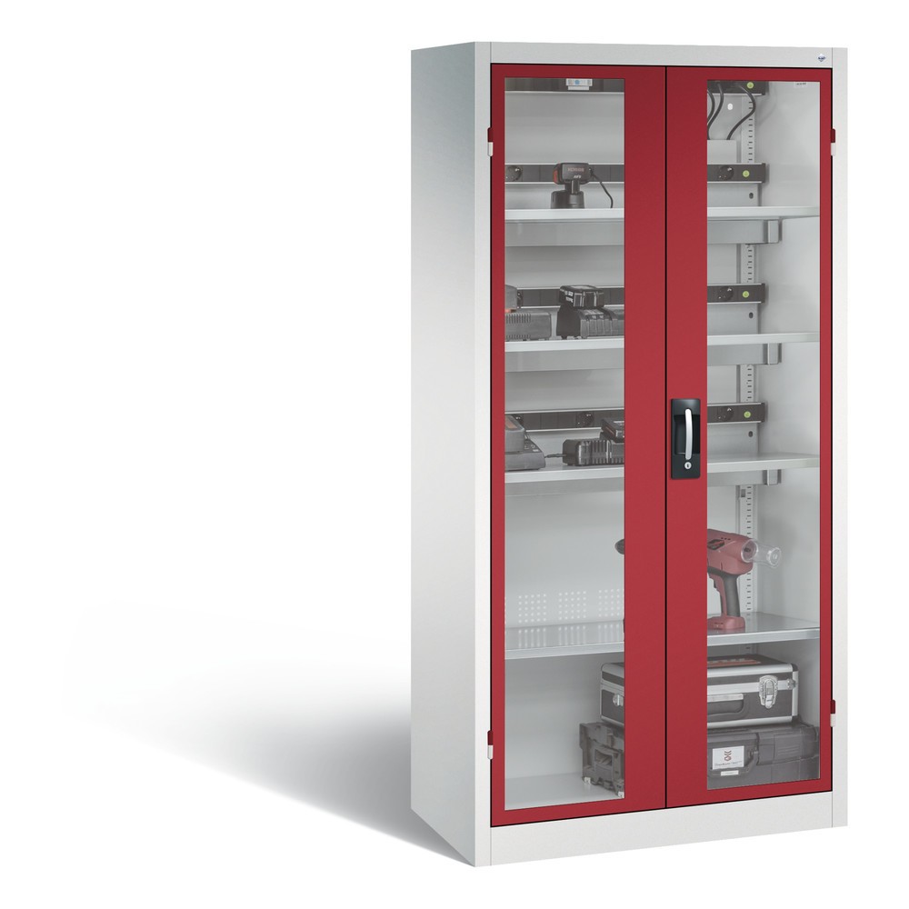 Produktabbildung: C+P Akku-Ladeschrank Serie 89, 3 Elektro-Einlegeböden, 5-fach-Steckdosenleiste, 3 m Zuleitung, Sichtfenster, FI-Schutzschalter, temperaturgesteuerter Lüfter, lichtgrau/rubinrot