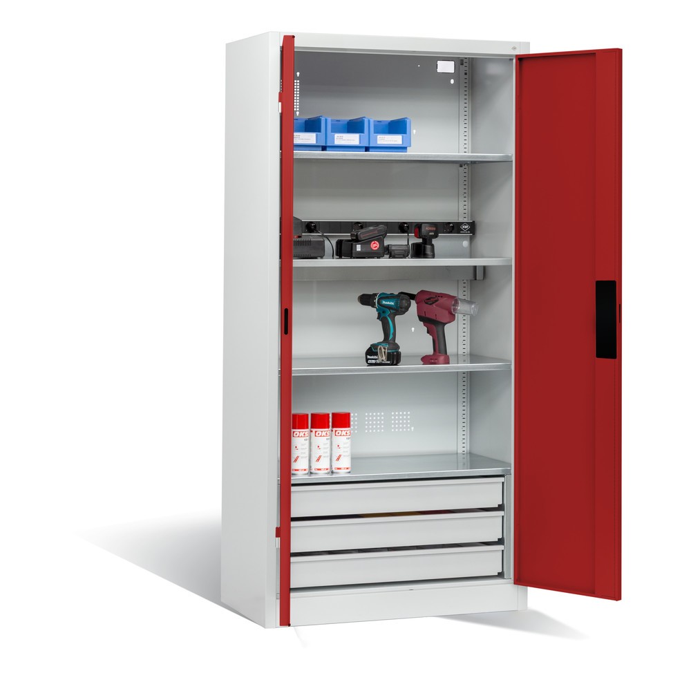 Produktabbildung Nr. 6: C+P Akku-Ladeschrank Serie 89, 3 Schubladen, 1 Elektro-Einlegeboden, 5-fach-Steckdosenleiste, 3 m Zuleitung, lichtgrau/rubinrot