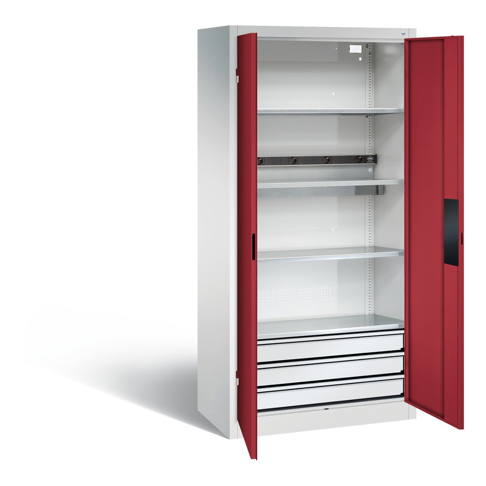 Produktabbildung: C+P Akku-Ladeschrank Serie 89, 3 Schubladen, 1 Elektro-Einlegeboden, 5-fach-Steckdosenleiste, 3 m Zuleitung, lichtgrau/rubinrot