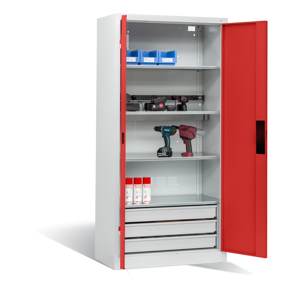 Produktabbildung Nr. 6: C+P Akku-Ladeschrank Serie 89, 3 Schubladen, 1 Elektro-Einlegeboden, 5-fach-Steckdosenleiste, 3 m Zuleitung, lichtgrau/feuerrot
