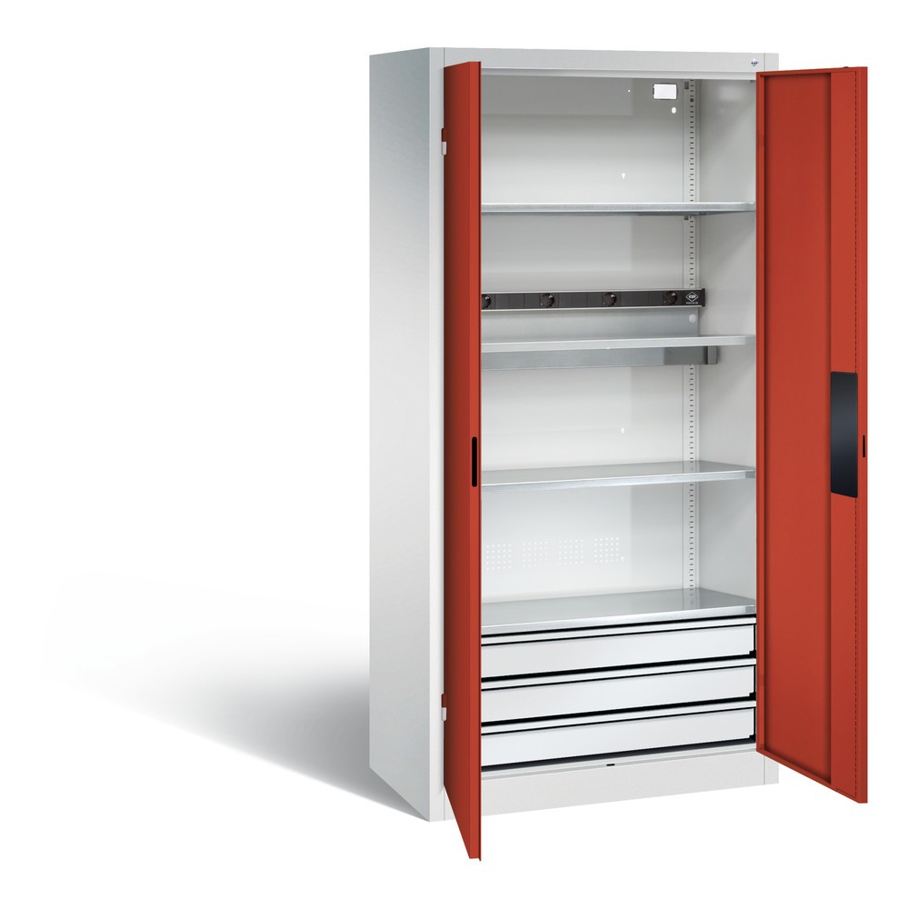 Produktabbildung: C+P Akku-Ladeschrank Serie 89, 3 Schubladen, 1 Elektro-Einlegeboden, 5-fach-Steckdosenleiste, 3 m Zuleitung, lichtgrau/feuerrot
