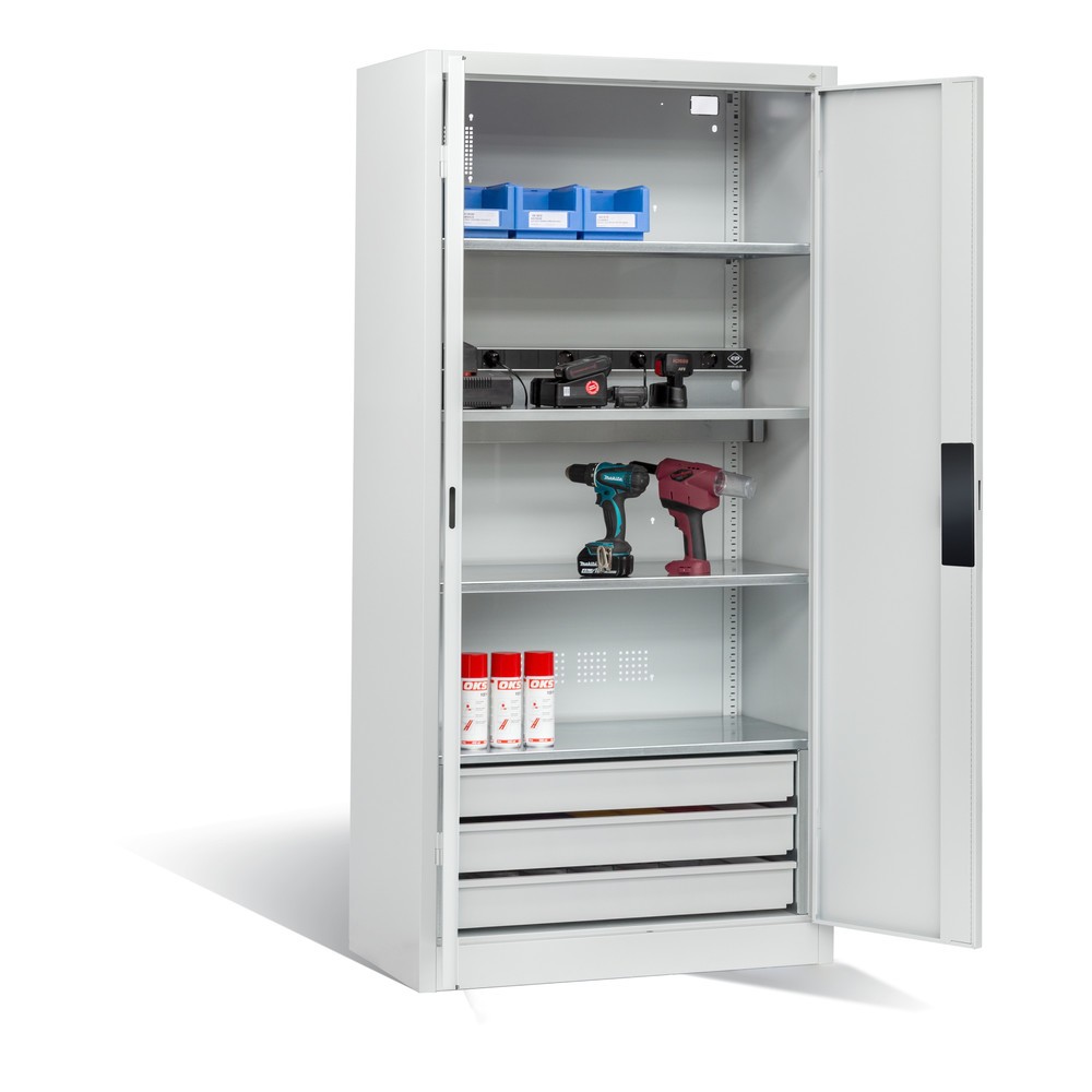 Produktabbildung Nr. 6: C+P Akku-Ladeschrank Serie 89, 3 Schubladen, 1 Elektro-Einlegeboden, 5-fach-Steckdosenleiste, 3 m Zuleitung, lichtgrau/lichtgrau