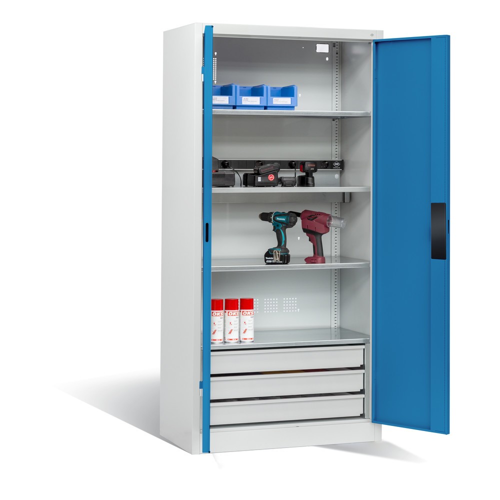 Produktabbildung Nr. 6: C+P Akku-Ladeschrank Serie 89, 3 Schubladen, 1 Elektro-Einlegeboden, 5-fach-Steckdosenleiste, 3 m Zuleitung, lichtgrau/lichtblau