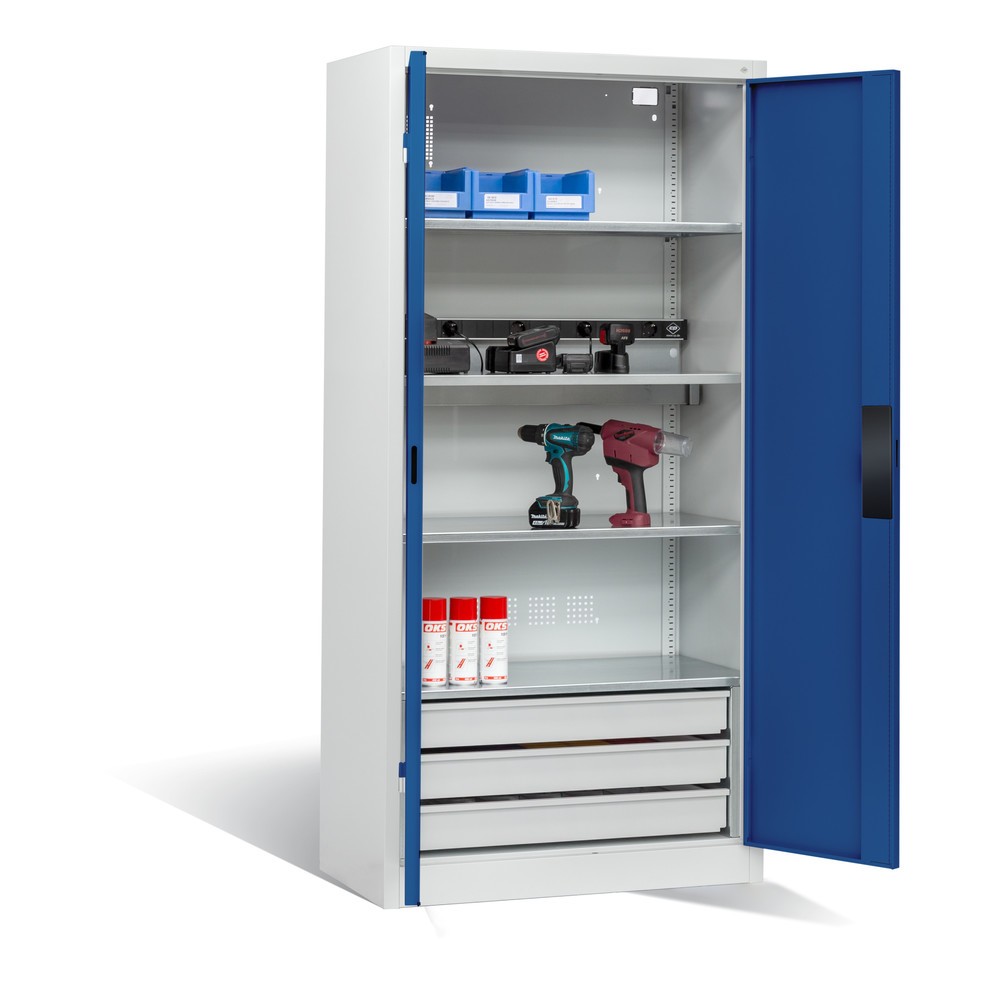Produktabbildung Nr. 6: C+P Akku-Ladeschrank Serie 89, 3 Schubladen, 1 Elektro-Einlegeboden, 5-fach-Steckdosenleiste, 3 m Zuleitung, lichtgrau/enzianblau