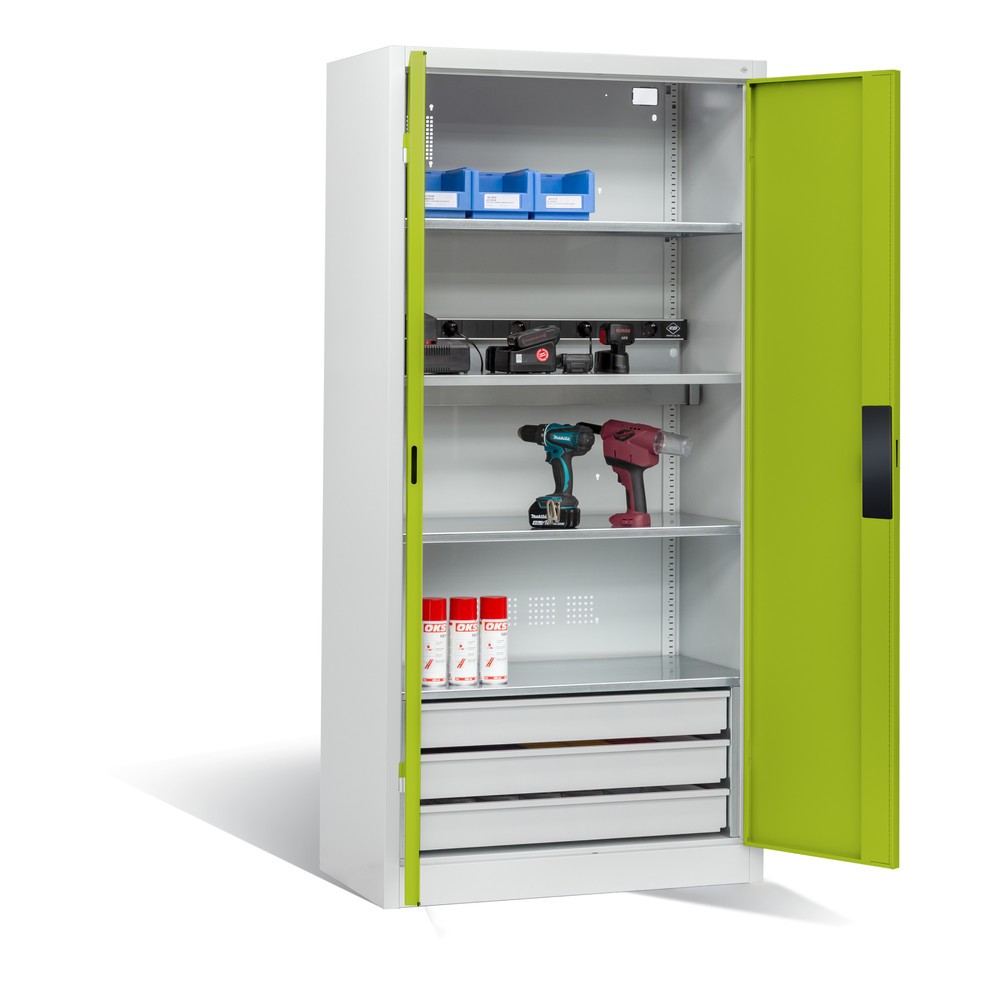 Produktabbildung Nr. 6: C+P Akku-Ladeschrank Serie 89, 3 Schubladen, 1 Elektro-Einlegeboden, 5-fach-Steckdosenleiste, 3 m Zuleitung, lichtgrau/viridingrün
