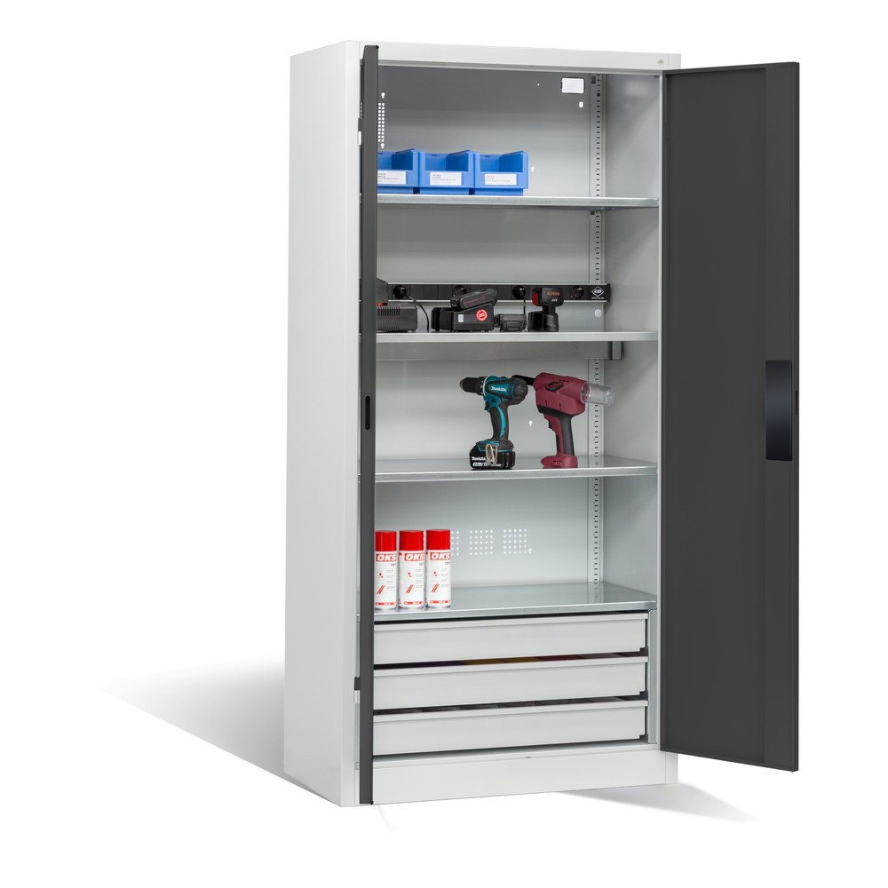 Produktabbildung Nr. 6: C+P Akku-Ladeschrank Serie 89, 3 Schubladen, 1 Elektro-Einlegeboden, 5-fach-Steckdosenleiste, 3 m Zuleitung, lichtgrau/anthrazitgrau