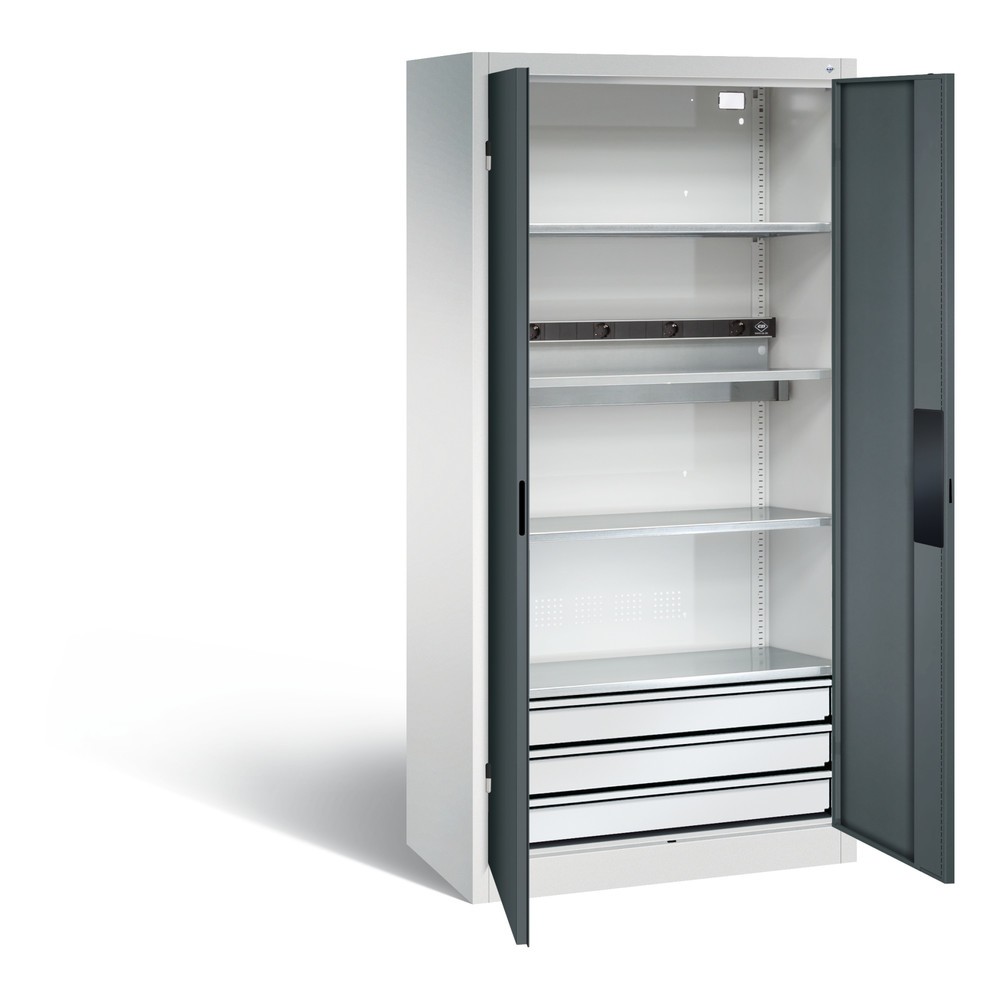Produktabbildung: C+P Akku-Ladeschrank Serie 89, 3 Schubladen, 1 Elektro-Einlegeboden, 5-fach-Steckdosenleiste, 3 m Zuleitung, lichtgrau/anthrazitgrau