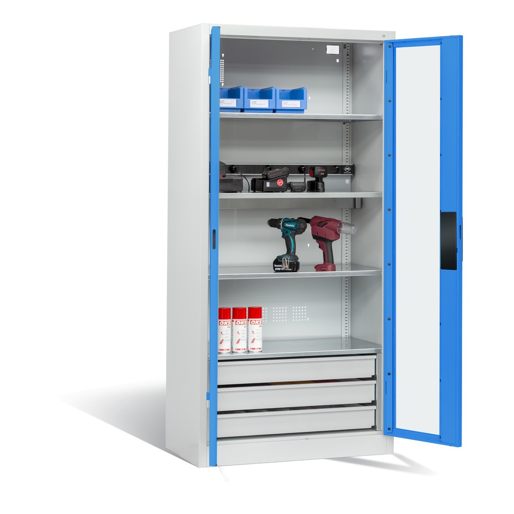 Produktabbildung Nr. 6: C+P Akku-Ladeschrank Serie 89, 3 Schubladen, 1 Elektro-Einlegeboden, 5-fach-Steckdosenleiste, 3 m Zuleitung, Sichtfenster, lichtgrau/lichtblau