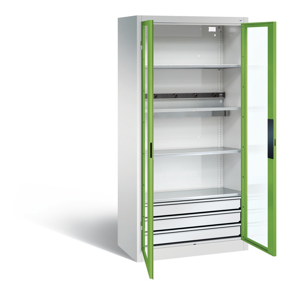 Produktabbildung: C+P Akku-Ladeschrank Serie 89, 3 Schubladen, 1 Elektro-Einlegeboden, 5-fach-Steckdosenleiste, 3 m Zuleitung, Sichtfenster, lichtgrau/viridingrün