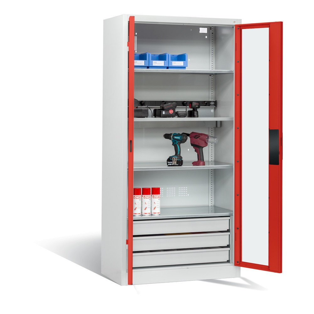 Produktabbildung Nr. 6: C+P Akku-Ladeschrank Serie 89, 3 Schubladen, 1 Elektro-Einlegeboden, 5-fach-Steckdosenleiste, 3 m Zuleitung, Sichtfenster, lichtgrau/feuerrot
