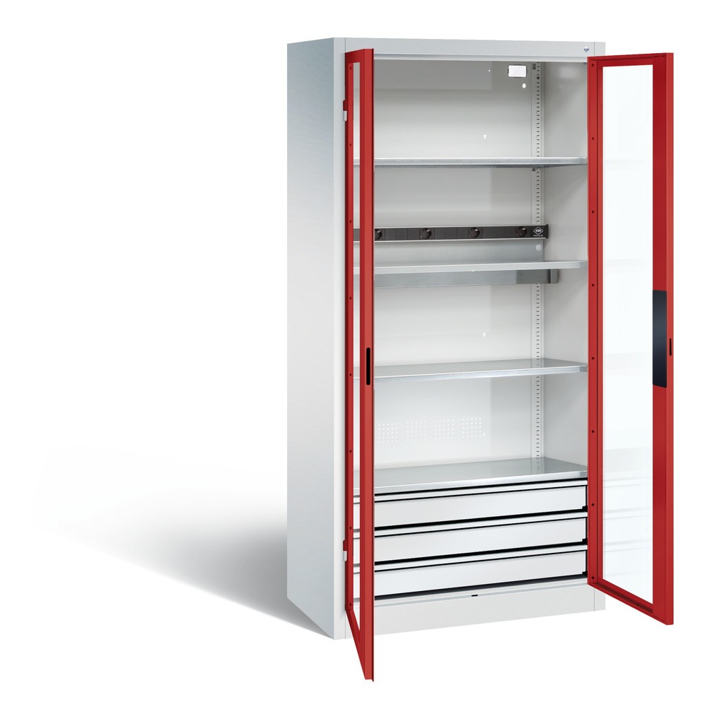 Produktabbildung: C+P Akku-Ladeschrank Serie 89, 3 Schubladen, 1 Elektro-Einlegeboden, 5-fach-Steckdosenleiste, 3 m Zuleitung, Sichtfenster, lichtgrau/feuerrot