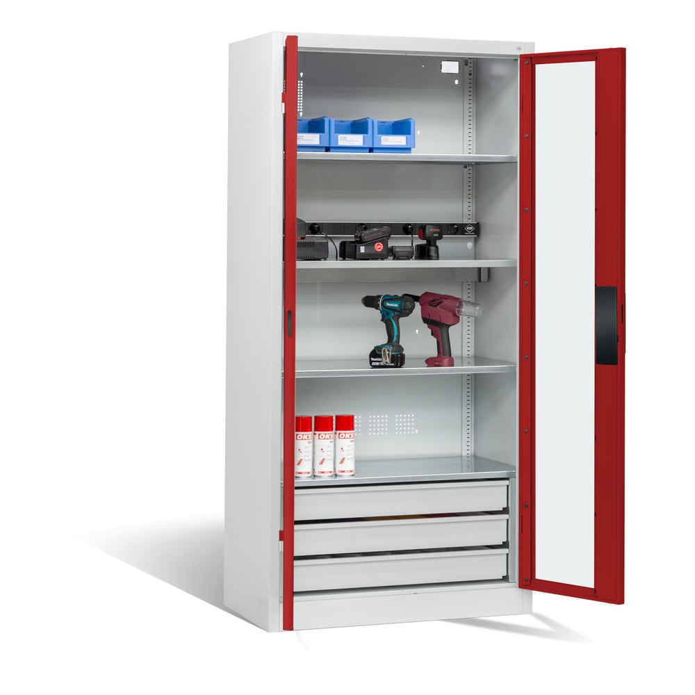 Produktabbildung Nr. 6: C+P Akku-Ladeschrank Serie 89, 3 Schubladen, 1 Elektro-Einlegeboden, 5-fach-Steckdosenleiste, 3 m Zuleitung, Sichtfenster, lichtgrau/rubinrot